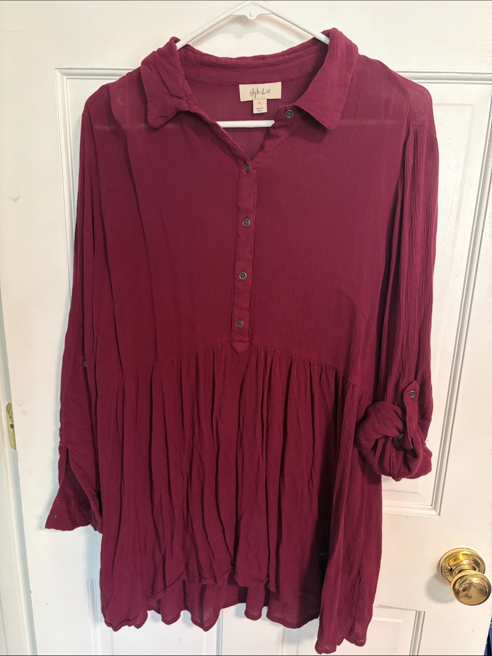 Style & Co. Women's Button-Front Peasant Tunic in Deep Wine